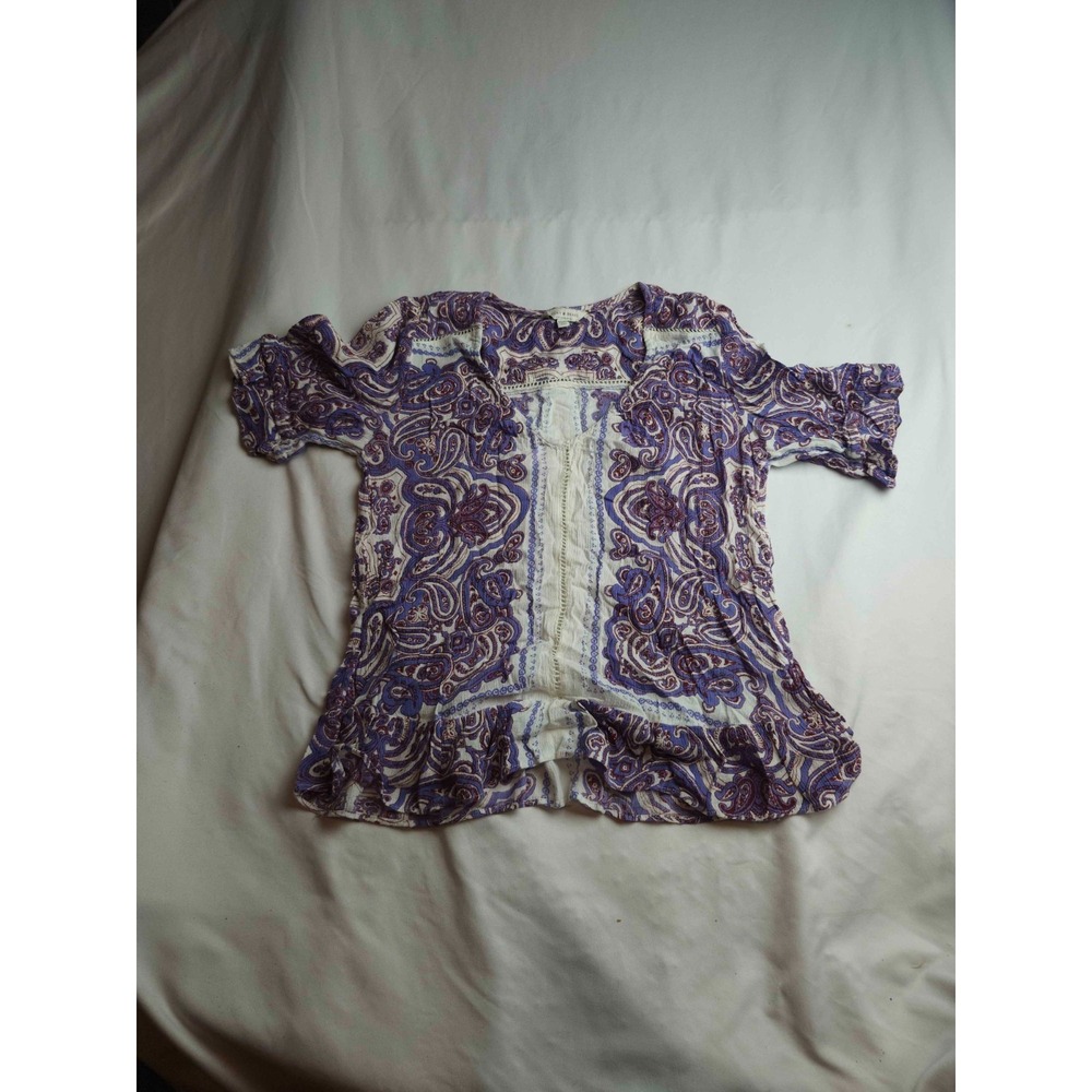 Lucky Brand Blouse Womens Size XS Blue White Paisley Ruffle Hem Bohemian Peasant